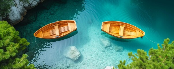 Wooden boats with crystal-clear waters and white sand beach