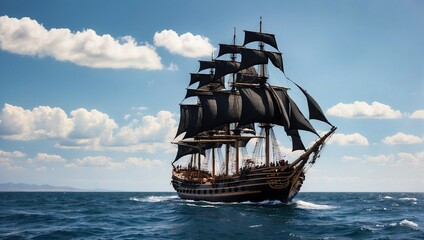 photo of a traditional wooden boat with black sails that looks majestic made by AI generative