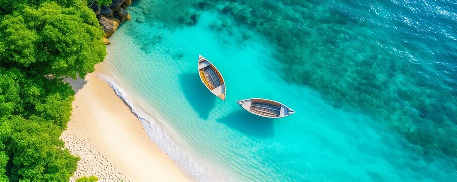 Wooden boats with crystal-clear waters and white sand beach