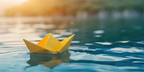 Simple paper boat floats on a serene water surface, symbolizing hope and tranquility. Paper Boat Sailing on Rainy Waters, copy space.