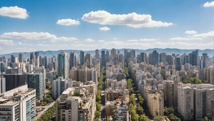 Fototapeta premium urban view with many tall buildings on blue sky background made by AI generative