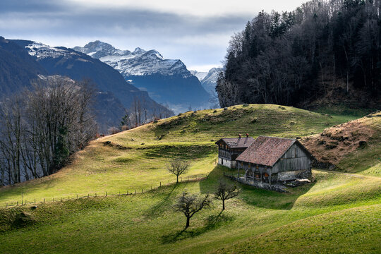 Idyllisch gelegener Bauernhof in den Alpen, Seelisberg, Uri, Schweiz