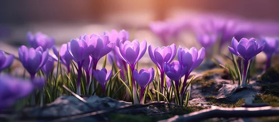 Gordijnen Spring crocus blossoms. AI Generated Image © nahij