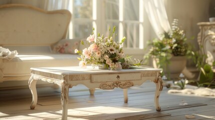 A serene setting with a lush floral arrangement on a classic white table in a bright, airy room.