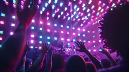 Excited audience with raised hands at a colorful, illuminated concert venue, experiencing live music performance.