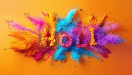 Holi inscription made of exploited colorful powder. Splash of vibrant wild colors. Celebration Indian Holiday Holi concept. Multicolored text on bright orange background