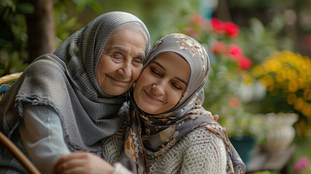 Arab Grandmother With Her Daughter Who Is An Adult Mom Seated In Chairs In The Family Garden, Both Are Embracing And Smiling. Lineage, Inheritance, And Mother-Daughter Love