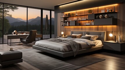 An elegant bedroom with light yellow bedding and ebony black accent wall