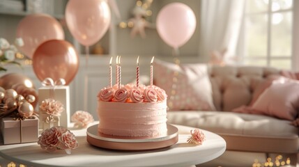 An elegant birthday celebration scene featuring a pink cake with candles, surrounded by balloons and gifts.