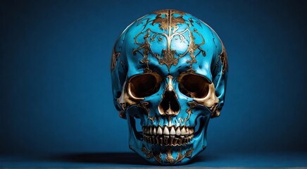 Vivid Human Skull Isolated on Blue Background: A Striking Visual Element for Educational or Artistic Purposes, copy space, helloween - obrazy, fototapety, plakaty