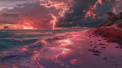 Papier Peint photo autocollant Descente vers la plage beach with pink sand at sunset with dark storm clouds on the horizon and a lighting bolt in the distance