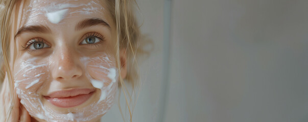 Cute girl with cleansing foam on her face on one side of the banner and copy space on the other. Place for text. Concept of skin care, renewal, hydration