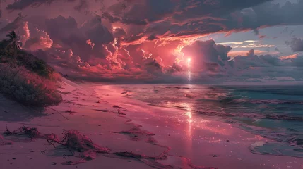 Photo sur Plexiglas Descente vers la plage beach with pink sand at sunset with dark storm clouds on the horizon and a lighting bolt in the distance