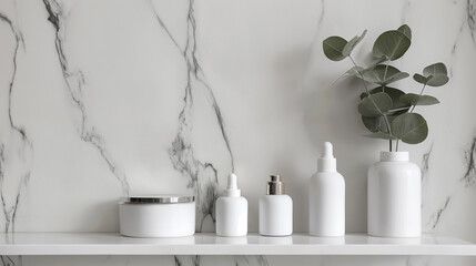 Fototapeta na wymiar A shelf with cosmetics in a bathroom against the background of a marble wall, decorated with green eucalyptus branches. White containers without brands or logos, space for copying.