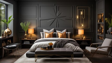 An elegant bedroom with soft gray bedding and deep charcoal accent wall