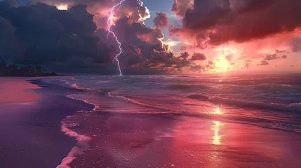 Tableaux ronds sur aluminium Descente vers la plage beach with pink sand at sunset with dark storm clouds on the horizon and a lighting bolt in the distance