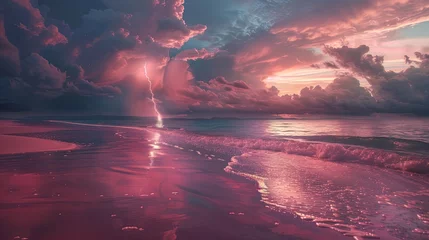 Crédence de cuisine en verre imprimé Descente vers la plage beach with pink sand at sunset with dark storm clouds on the horizon and a lighting bolt in the distance