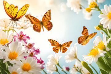 Arriva la primavera. Delicata composizione di fiori, farfalle, uova. La natura si risveglia in vista della Pasqua. Colori pastello delicati e tenui.