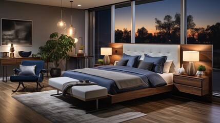 An inviting bedroom with creamy beige bedding and night sky accent wall