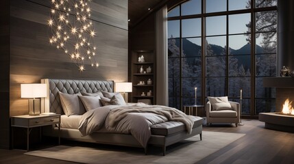 An inviting bedroom with ethereal pearl bedding and starry night accent wall
