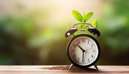 Alarm clock with green sprout with leaves symbolizing growth and time in nature. Time management...
