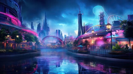 rain sky scene with generous copy space, bathed in the dramatic and vivid hues of neon lights, creating a vibrant and lively urban atmosphere