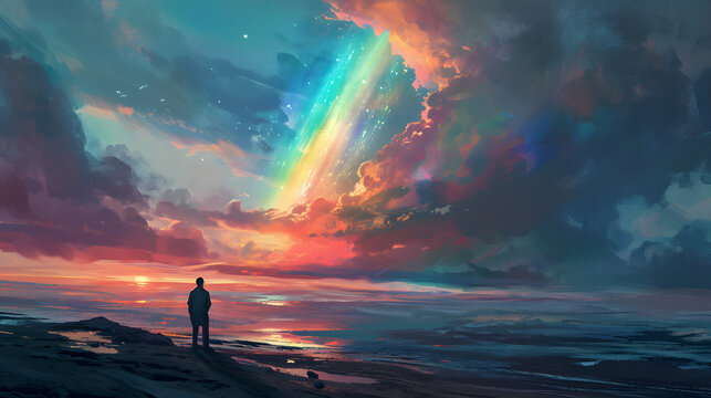 illustration of man observing a rainbow