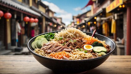photo of a bowl of asian noodles with delicious vegetables and meat with an asian market in the...
