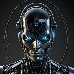 A futuristic robot with blue eyes and headphones on