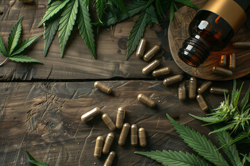 herbal capsules with open bottle and marijuana leaves on wooden background 