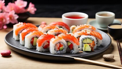 "Japanese Fusion Cuisine and Sushi Delight: A Culinary Composition in Food Photography"