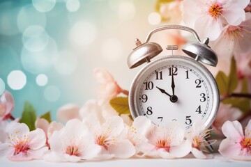 Vintage alarm clock surrounded by blossoming spring sakura flowers. Good for Spring banner or Daylight saving time begins Spring Forward remainder, poster. Light pastel colors, Copy space for text