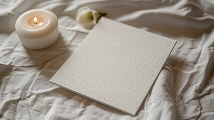 a square, white wedding invitation laying on a white tablecloth with a candle nearby