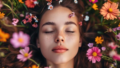 Beautiful young woman sleeping in flowers. Female with closed eyes surrounded by wildflowers. Good for International woman's day 8 march design, for design poster, banner, card