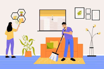 Man and woman doing household chores, domestic activities