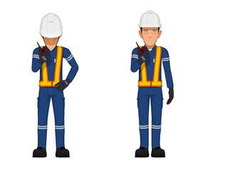 Set of workers are operating a walkie-talkie