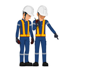 Two workers are considering something on the floor