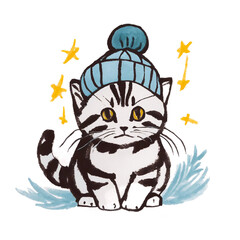 ニット帽を身につけた猫の落書き調のイラスト