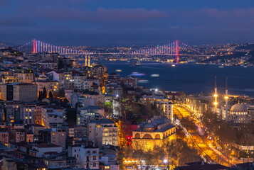 Fototapeta na wymiar Beyoglu District and Bosphorus Bridge at Night