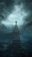 Man admiring moon from a staircase, under a cloudy sky with a depressed mood - obrazy, fototapety, plakaty