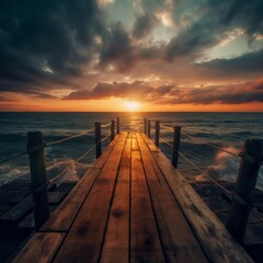 Wooden pier stretching out into the ocean at sunset, under a colourful sky - obrazy, fototapety, plakaty