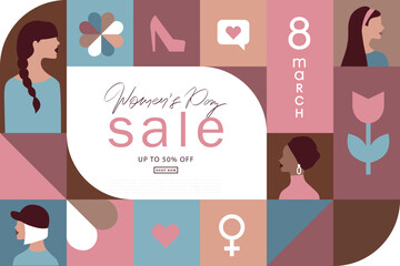 Happy Womens Day Sale, March 8th. Vector illustration for banner, posters, holiday cover . Abstract design with decorative elements. Modern minimalist geometric style.