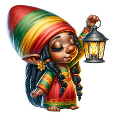 Fototapeta na wymiar African Girl Gnome in Reggae Outfit, Black Girl Magic in Black History Month and Juneteenth, Cute Girl Nursery Art