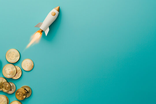 A white rocket flies on a light blue background, gold coins lie nearby, free space for text`