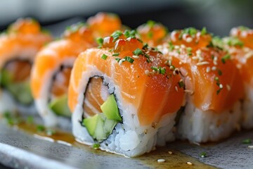 This dish includes eel rolls, eel futomaki, and California rolls, with two pieces of salmon nigiri.