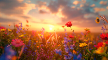 Landscape nature background of beautiful flower field on sunset.