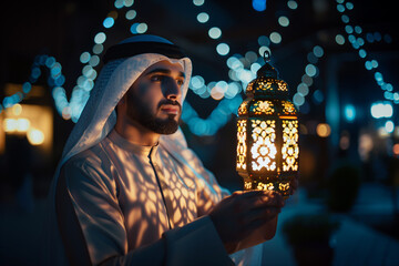 A Muslim man holding an Arabic lantern against a backdrop of Ramadan Kareem.