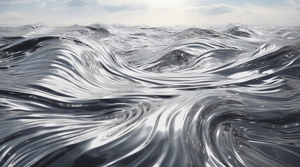 Liquid crystal clearwater waving, close up background, realistic shining and bright, ecology concept, silver, chrome