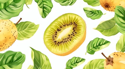 Kiwi Fruit Close-Up: Vibrant Illustration with Green Leaves on White