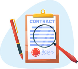 Concept of reviewing and signing contract, magnifying glass magnifies text of agreement. Stock vector illustration